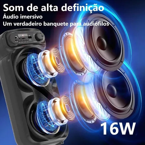 Caixinha De Som Bluetooth Portátil Fm Com Microfones Rgb