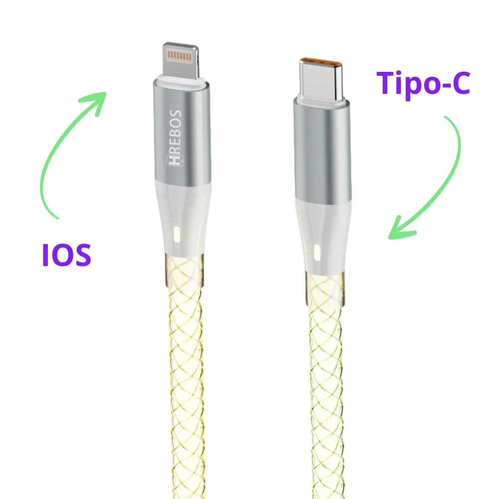 Cabo de Dados Tipo-C Led Light Rainbow - 1 Metro - Hrebos - CB-508