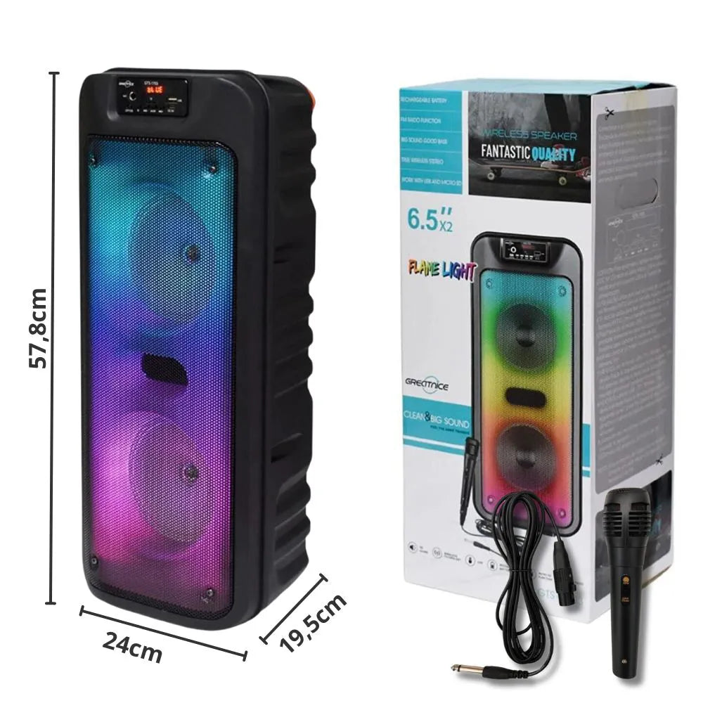 CAIXA DE SOM BLUETOOTH C/ MICROFONE 6,5"X2 LED RGB - GREATNICE - GTS-1703