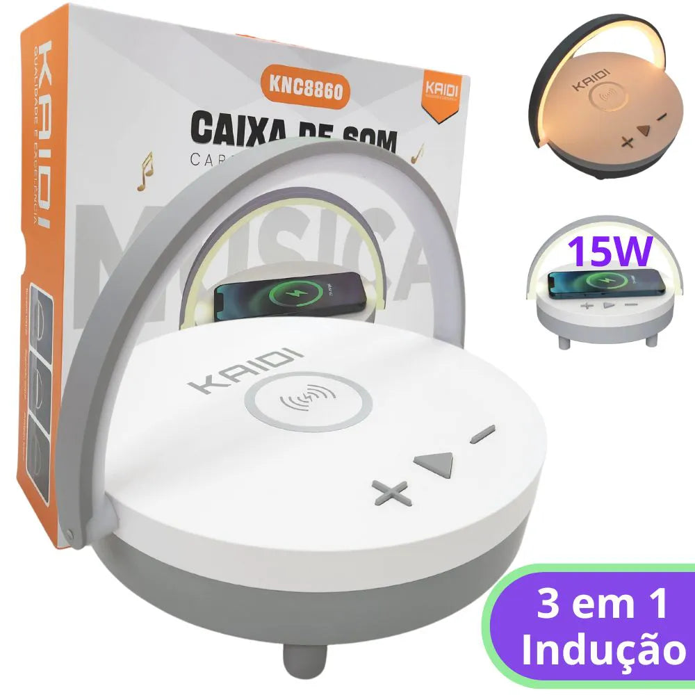 CAIXA DE SOM COM CARREGADOR POR INDUÇÃO 15W LED - KAIDI - KNC-8860